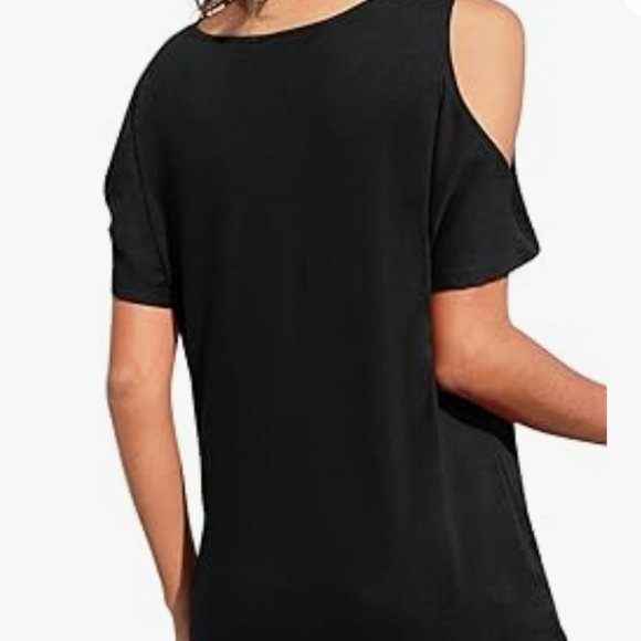 Sz M Black Yeahill Womens Cold Shoulder Top Short Sleeve Front Twist Stretch Nwt - Picture 7 of 8